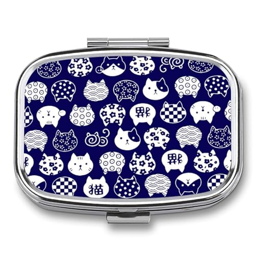 ピルケース 薬ケース 和風 猫 青と白 小物入れパーツボックス携帯サプリメントケース 薬入れ 薬箱 コンパクト 金属 持ち運びに便利 小型 薄型 飲み忘れ防止 薬収納ケース サプリケース ガムケース くすりいれケース ドラッグ箱 ミニ薬箱 四角いケース 収