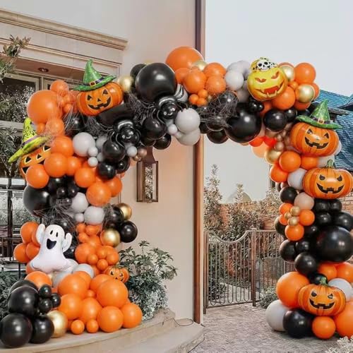 Image of Halloween Balloon Garland Arch Kit, 147Pcs DIY Haloween Party Supplies Latex Balloon with Spider Pumpkin Ghost Skeleton Boo Foil Balloon for Halloween Day Haunted House Theme Big Decorations