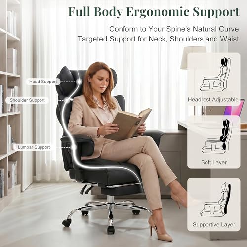 Image of Big and Tall Ergonomic Office Chair,350 lbs,High Back Reclining PU Leather Gaming Chair with Footrest, Adjustable Armrests, Lumbar Support, Executive Desk Chair for Home Office, Black