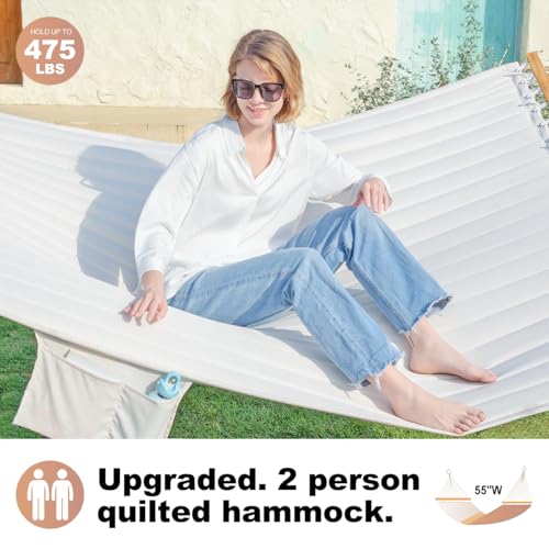 Image of GAFETE Hammock 2 Person Quilted Fabric Hammocks for Outside, Double 12ft Hammocks with Spreader Bar, Large Removable Pillow, Storage Bag, Carabiners, Max 475 lbs Capacity (Dune Beige)