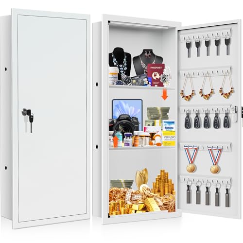 Image of 29.53 inch Tall White Wall Safes Between 16 inch Studs | 33% Larger Capacity & Lock | Lockable Hidden Safe Box with 2 Removable Shelf & Hooks for Keys Jewellery | Home In Wall Safe for Money Medicines Valuables