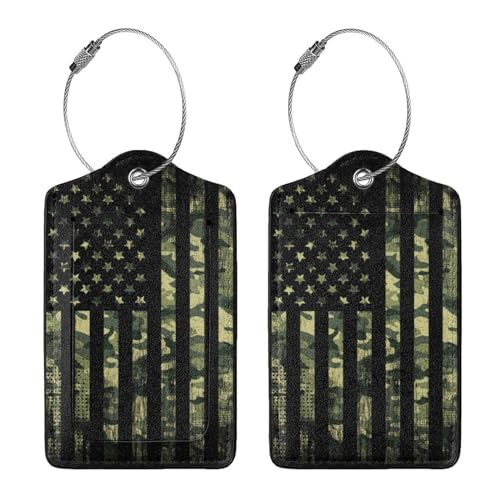 2 Pcs Camouflage American Flag Luggage Tag for Suitcase, 4th of July Decorations Camo US Flag Patriotic Decor Party Birthday Gifts Men Women, Identifiers Privacy Cover ID Label with Steel Loop