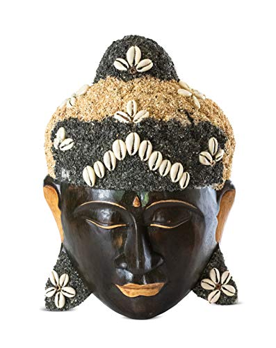 Masque mural en bois Bouddha sculpture main et décoration coquillage
