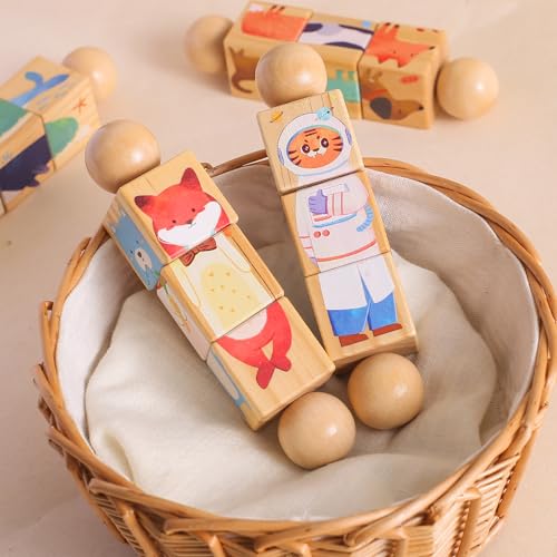 Image of Wooden Animal Puzzle Toy for Toddlers 1-3, Rotating Spin Twist Blocks Set of 2, Learning Educational Montessori Toy Gifts for Kids Boys Girls, Fox and Tiger