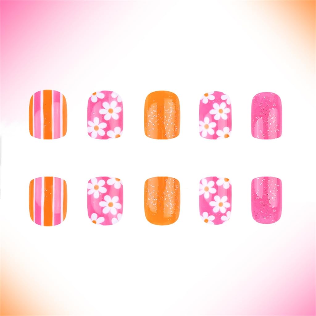 24 Pieces Acrylic Short Square Shape Artificial Nails With Flower Pattern For A Luxurious Manicure Look
