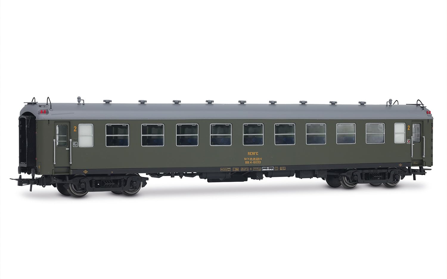 Electrotren HE4038 RENFE, Set di 2 unità da 5000 carrozze, BB4 di 2a Classe, con Vecchi soffietti, livrea Verde Oliva, EP. IV
