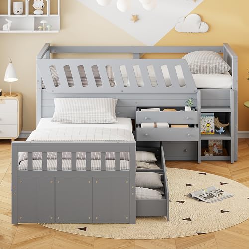 Merax L-Shaped Space-Saving Twin Loft and Twin Platform Bed with 7 Storage Drawers and Full Guardrails, Solid Wooden Bedframe for Boys Girls Adult, No Spring Box Needed, Grey by Merax - Image 3