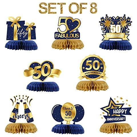 RoseSea Happy 50th Anniversary Honeycomb Centerpieces - 50th Wedding Anniversary Party Table Decorations - Cheers to 50 Years Birthday Theme Table Decorations 8Pcs Blue Cover