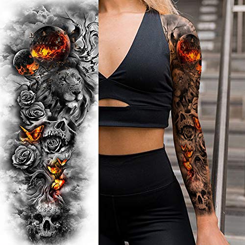 11 Sheets Nezar Sexy Big Rose Flower Full Arm Temporary Tattoos For Women Compass Clock Fake Tattoo Sticker Long Large Temporary Tattoo Sleeves Tribal Waterproof Twisted Chain Temp Tatoo Paper Skull #TOP6