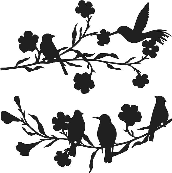 2 Pieces Metal Birds Wall Art Decor on Branch Metal Birds Silhouette Wall Sculpture Black Leaves Flowers and Metal Art Wall Decor for Home Garden Balcony Indoor Outdoor Decor-Flower (40x18x1.5 Cm )