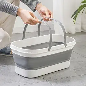 Balde Retrátil com Rodas, 15L, Dobrável de Silicone, Multiuso com Alça, Branco e Cinza