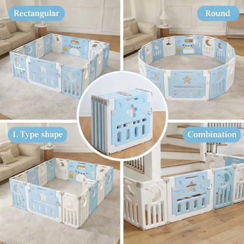Image of 16 Panel Playpen for Babies Upto 5 Year Foldable Baby Kids Fence Playard Playpen with Mat & Balls Activity Play Yard for Kids Play Area Indoor Setup Fence for Toddlers Outdoor Playarea with Gate(Blue, 6 * 5ft=30sqft)