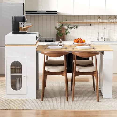 Table à Manger Extensible avec Ports USB, Desserte Îlot de Cuisine à Roulettes et Plateau Amovible, Table de Bar avec Multiprises et Rangement, Buffet pour...