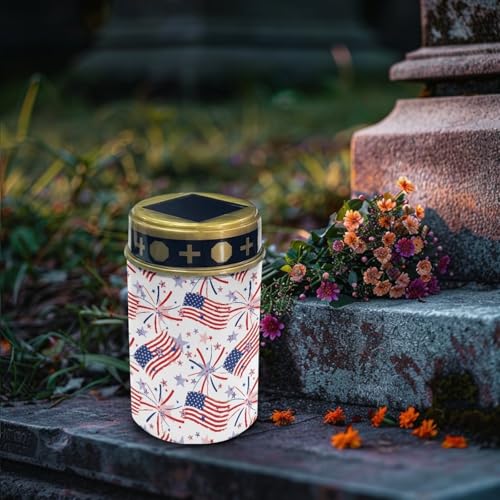 Image of Poceacles American Flag Fireworks Print Cemetery Candle Grave Lights Outdoor Waterproof Decoration Pathway Lights Garden Solar Candle for American 250th Independence Day Decor