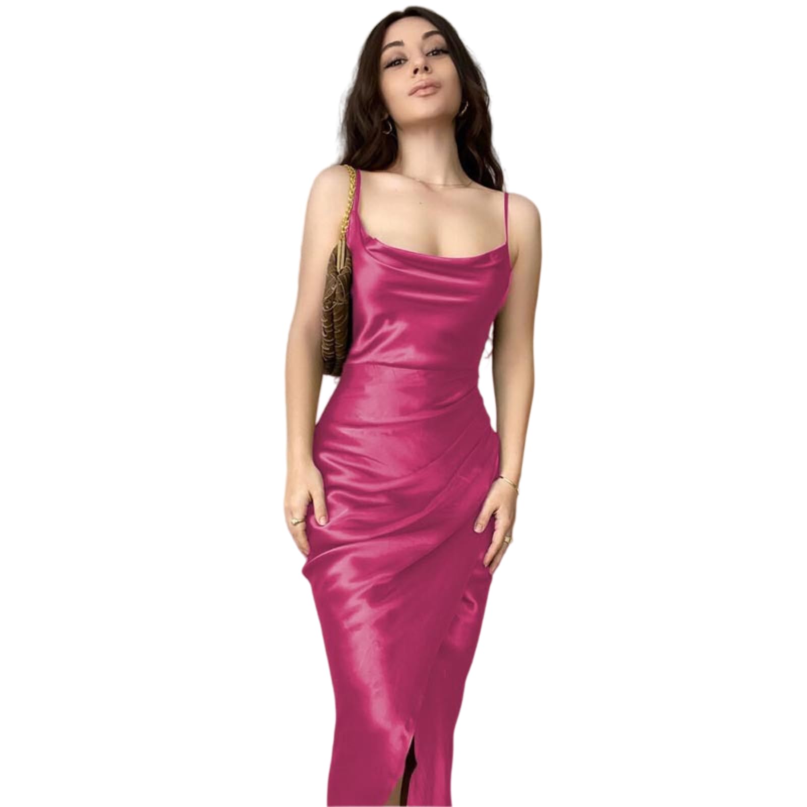 Robe Femme Femmes Satin Cowl Col Midi Ruched Spaghetti Strap De Fête, Side Split Taille Bodycon Robe-Pink-XL