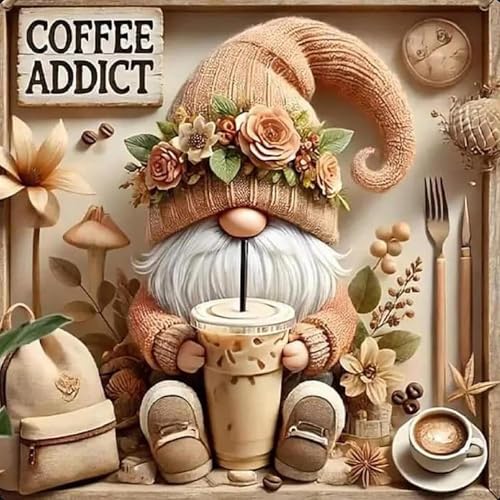 Gnome Diamond Art Painting Kits for Adults, Gnome Drinks Coffee 5D Diamond Painting Dots Art Kits for Adults Beginner, DIY Full Round Drill Gem Crystal Art Paint by Diamond Home Wall Decor 14x 14 Inch