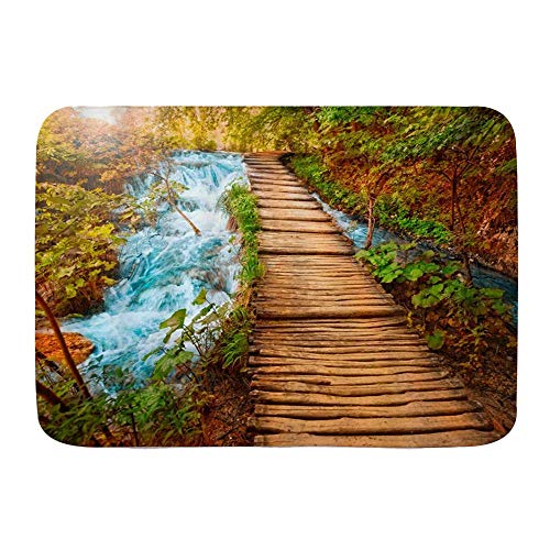 Preisvergleich Produktbild Fußmatten, Wasserfall Waldlandschaft Herbst Ländlicher See Park Holzbrett Dschungel Natürliche Landschaft Sonnenuntergang, Küchenboden Badteppichmatte Saugfähig Innenbad Dekor Fußmatte Rutschfest