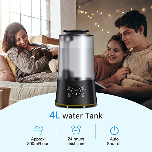 Yolife Top Fill Humidifiers Ultrasonic Cool Mist Humidifier for Bedroom Home Baby with Timer 3 Mist Levels Whisper Quiet Auto Shut Off 4L Large Open Water Tank Touch Screen with Remote