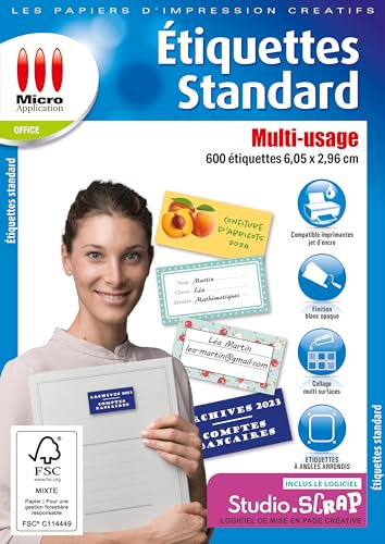 Micro Application Étiquettes Autocollantes Standard - 600 Étiquettes 6,05 x 2,96 cm, Imprimables, Personnalisables, Bords Arrondis, Impressions - 2880 dpi
