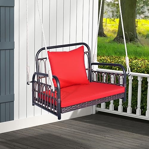 Image of Tangkula Outdoor Hanging Porch Swing with Cushions, Single Person, Red
