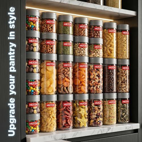 Image of MILTON Stack IT Airtight Kitchen Jars Set of 9 I Food Grade Plastic Kitchen Storage and Containers I Transparent, Stackable & Unbreakable I (5 x 360ml; 2 x 680ml; 2 x 890ml) I Grey