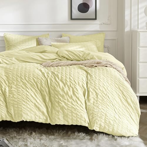 Image of JELLYMONI Seersucker Duvet Cover Set King, 3pcs Light Yellow Polyester | In Spacious Master, Couples & Pets, Crinkled Texture, Oeko-Tex Certified, 8 Corner Ties & Hidden Zipper