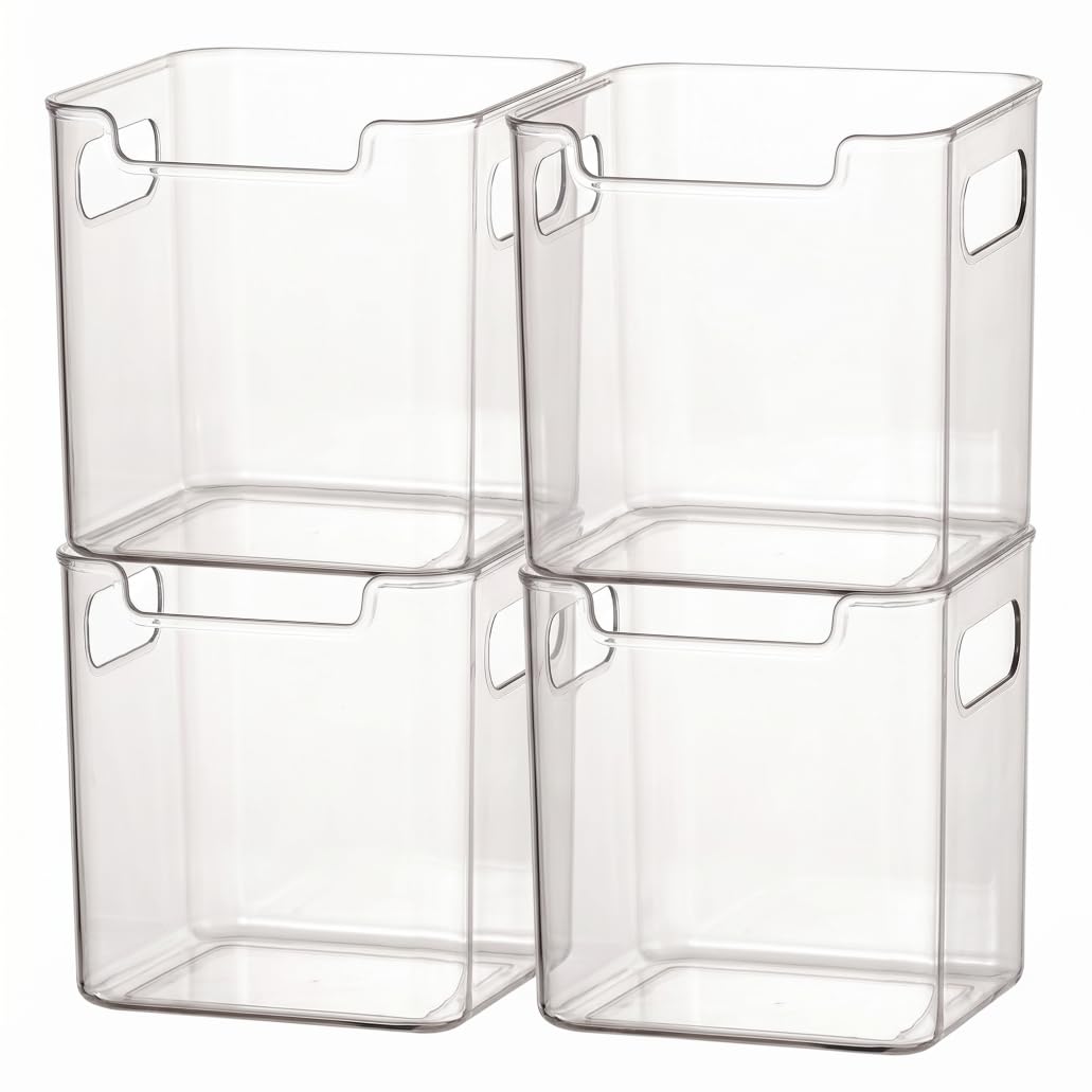 Syglawnd Fridge Organizers, 4 Pack Clear Freezer Storage Bins for Side Door, Food-Contact Plastic Containers for Pantry, Cabinets, Shelves, Drawer (3.7x4.7x4.7 Inch), Fridge Organizers