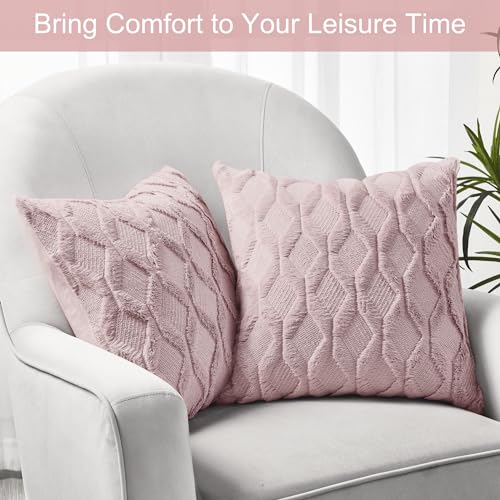 Volcanics Pack of 2 Faux Wool Throw Pillow Covers 20x20 Inches Decorative Farmhouse Velvet Couch Pillow Case Soft Plush Square Boho Cushion Pillowcase, Pink
