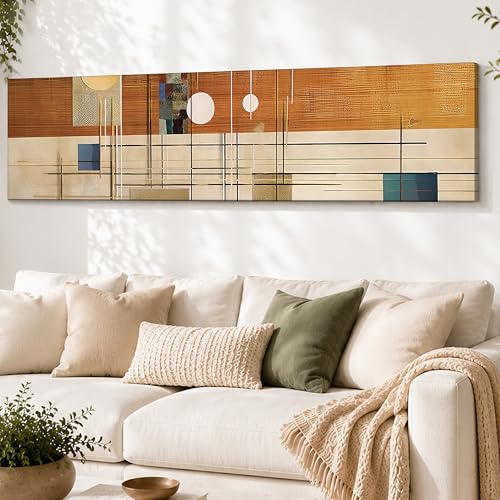 Image of Abstract Geometric Stretched Canvas Wall Art Painting for Living Room, Mid-Century Modern Linear Grid Canvas Wall Decor For Livingroom, Bedroom, Office, Hallway's, Hotel 12x46 Inch