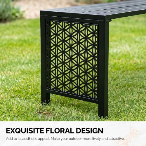 Image of VINGLI 40in Outdoor Metal Bench, All-Weathe Backless Patio Bench with Slatted Seat&Floral Side Panels, Rust-Resistant Garden Bench, Weatherproof Outdoor Seating for Porch Entryway Backyard (Black)