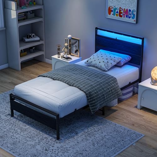 BOFENG Twin Bed Frame with Wood Headboard and USB Charging Station/LED Lights,Metal Single Platform Bed Frame Twin Size No Box Spring Needed,Heavy Duty Metal Slats Support,Noise Free,Black