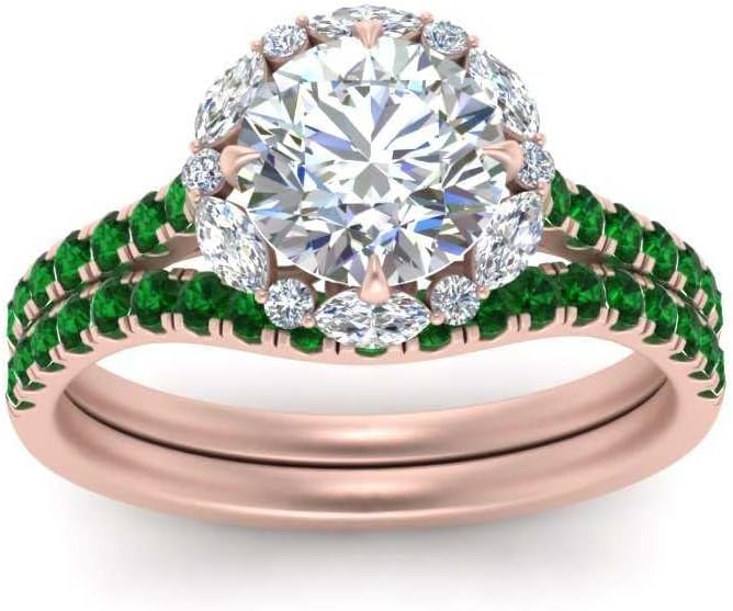Choose Your Gemstone Marquise Halo Round Bridal Rings Rose Gold Plated Round Shape Wedding Ring Sets Ornaments Surprise for Wife Symbol of Love Clarity Comfortable US Size 4 to 12