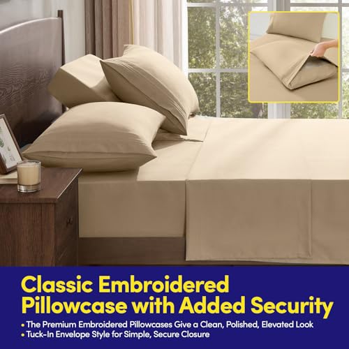 Image of Split Head King Sheets Set for Adjustable Beds 4 Piece Flex Top Bed Sheets - Deep Pocket Split Top Fitted Sheet with Built-in Corner Straps, Luxury Soft Cooling Bedding, Wrinkle Resistant, Beige