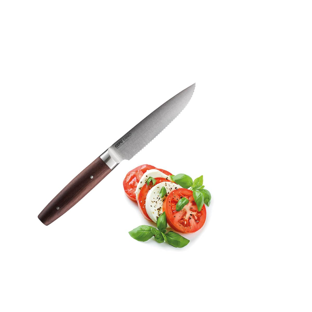 GEFU Cuchillo universal ENNO 11,5 cm | filo ondulado, hoja Solinger de acero alemán | Para frutas, verduras, pan, mango de madera de nogal, lijado a mano, duradero