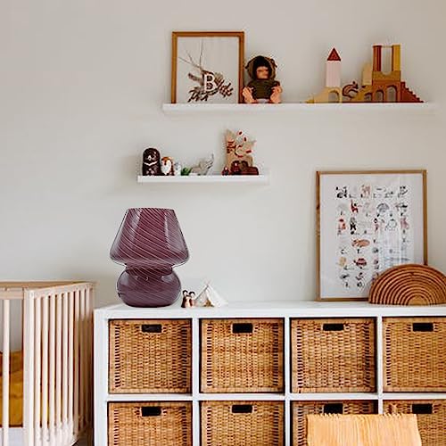 Mushroom Lamp,Glass Mushroom Bedside Table Lamps Purple Translucent Murano Vintage Style Striped Small Nightstand Desklamp Swirl Light For Home Decor, Dining, Living, Bedroom, Gift (Stripe Purple) #TOP2