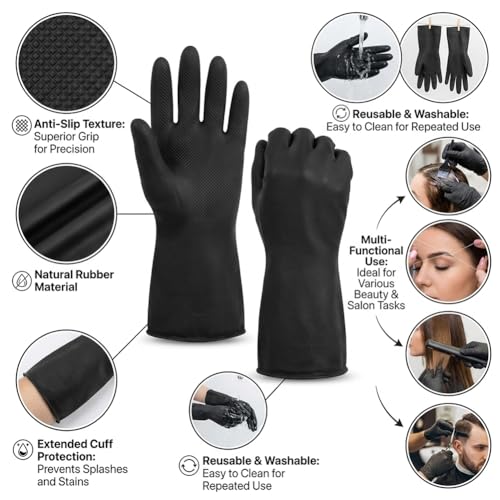 Image of 2Pcs Hair Dye Gloves, Black Reusable Rubber Gloves, Professional Hair Coloring Accessories for Hair Salon Dyeing