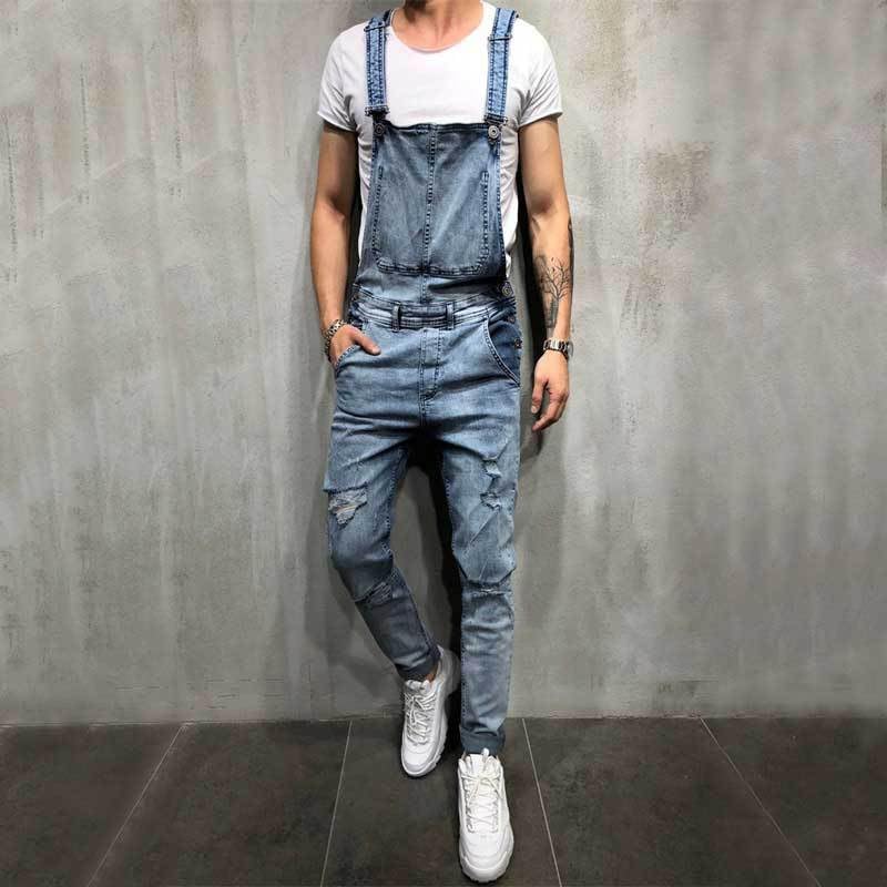 Men's Ripped Denim Suspenders Jeans Pants2