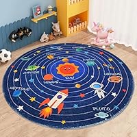USTIDE Large Kids Rug Solar System Planets Carpet Kartoon Universe Floor Mat Nonslip Washable Area Rug for Nursery/Bedroom/Living Room,Toddler Crawling Mat,160cm,Round