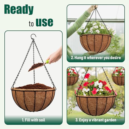 Craftvie 3 Pack 12'' Metal Hanging Baskets For Plants Outdoor With Coco Liners thumb #5