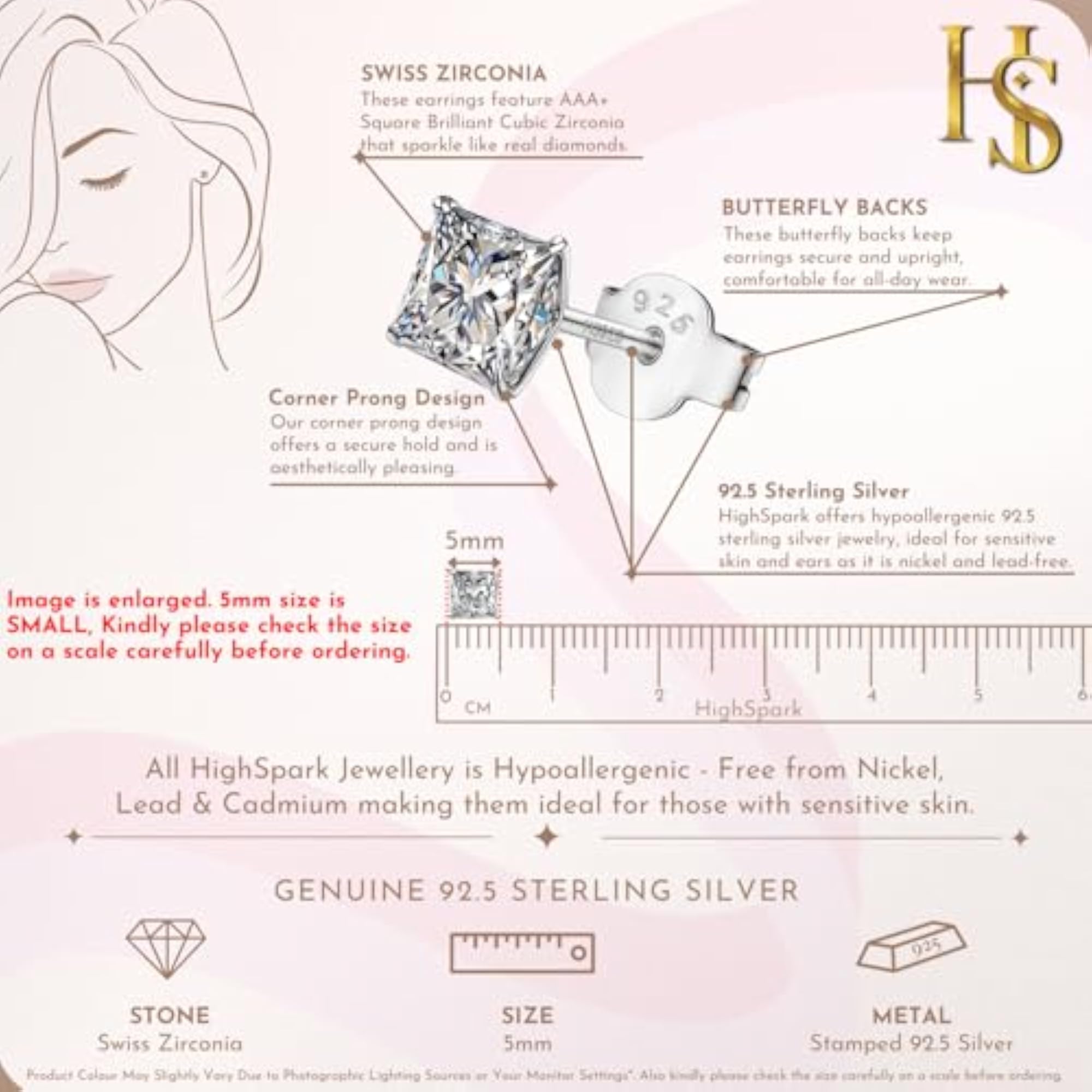 Women's 925 Sterling Silver Princess Cut Solitaire Stud Earrings