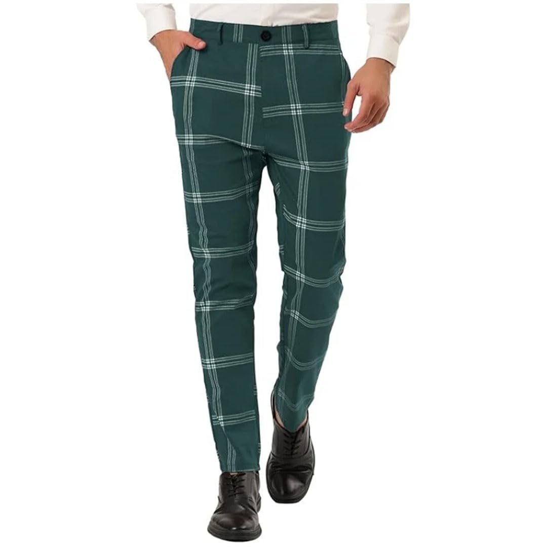 Pantalones de vestir ajustados a cuadros para hombre con parte delantera plana, tela elástica, cintura ajustable, pantalones de negocios