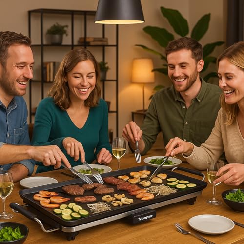 BEPER P101BBQ070 Piastra Teppanyaki Elettrica XL 70x23 cm, Griglia Antiaderente con Termostato Regolabile, Manici Termoisolanti, Vassoio Raccogli-Grassi e Cavo Rimovibile, 2000W, BPA e PFOS Free - Immagine 4