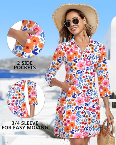 Image of WOWENY 3 /4 Sleeve Dress for Women with Pockets V Neck UPF 50+ Casual Sun Dress Breathable Quick Dry Beach Vacation