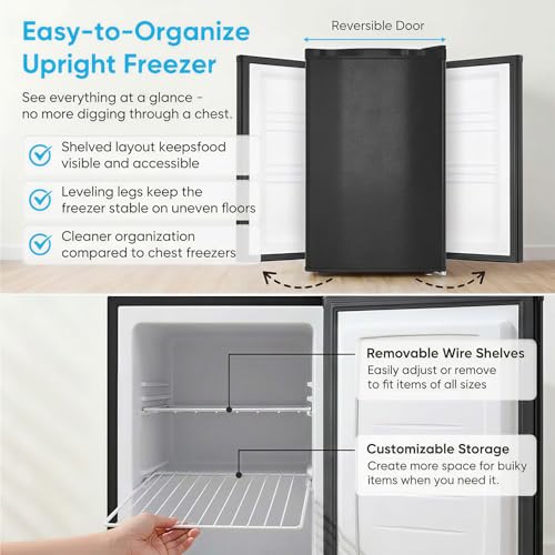 Image of TABU 3.0 Cu Ft Upright Freezer, Mini Freezer with 7 Adjustable Temp, Black | Freestanding, Energy Saving, Space Saving, Low Noise, Compact Freezer with Removable Shelves