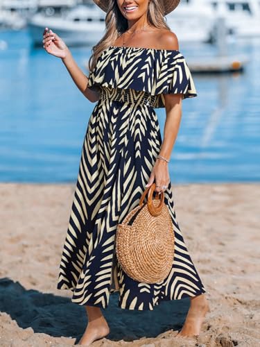 Image of CUPSHE Women Ruffle Floral Maxi Summer Dress Off Shoulder Short Sleeve Backless Flounce Bodice Slit Hem Beach Dresses