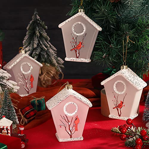 4 Pieces Cardinal Bird Glass Christmas Tree Ornaments White Birdhouse With Cardinals Decorative Hanging Ornaments Red Bird Memorial Ornament For Holiday Xmas Decorations #TOP3