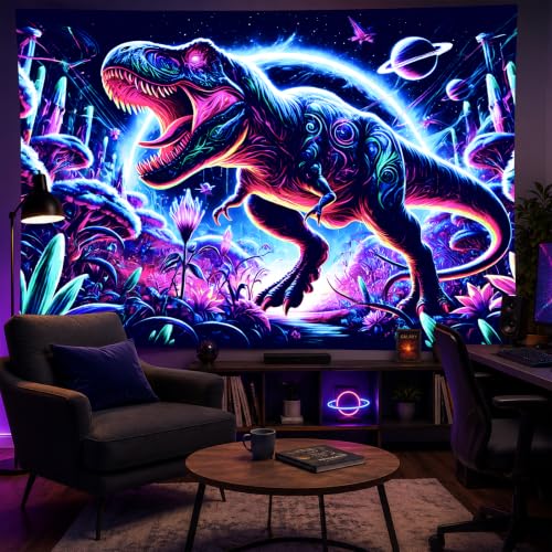 Image of BlissYard Blacklight Tapestry Dinosaur Decor 78x59 Inch Neon T Rex Glow in Dark Backdrop Blacklight Tapestry Psychedelic Jungle Scene for Bedroom Wall Hanging Party Room Fantasy Beast Art