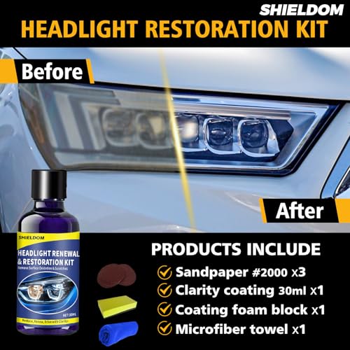 Car Headlight Restoration Kit, Professional Oxidation Removal Headlamp Cleaner & Restorer Solution for Foggy Cloudy Lens Polishing Renewal Tool with 3xSandpaper 1xFoam 1xTowel -30ml - Image 3