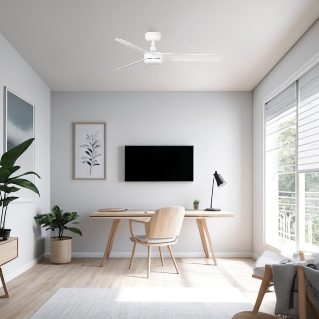 / BAIRES/Ventilador de techo blanco sin luz, Ø120 cm/Ultra Silencioso, bajo consumo, 6 Velocidades, Mando a distancia, Verano-Invierno, temporizador