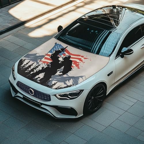 Image of US Flag Bigfoot Printed Car Hood Cover 59x39 Inch Auto Hood Wrap Blankets Stretchable Waterproof Automotive Exterior Accessories for Compact Sedans SUVs Trucks Vans